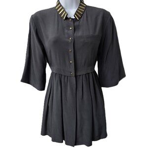 Alexander Wang Silk Blouse Top 6 Shirt Pleats Gray Gold Metal Plate Short Sleeve
